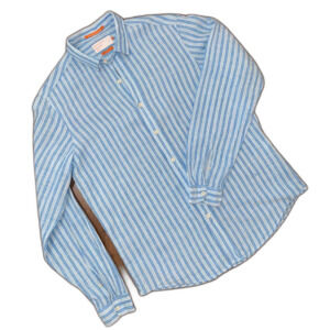Richards Balneário Linen Button-Up Shirt Blue White Striped Mens Sz 3 M/L Brazil